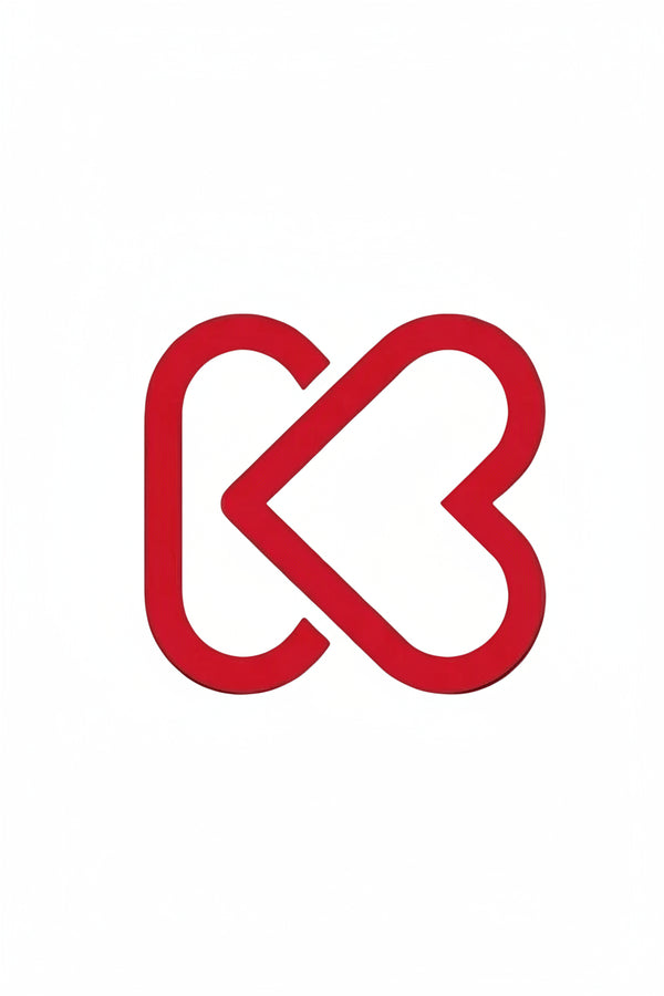 Red geometric logo on a black background